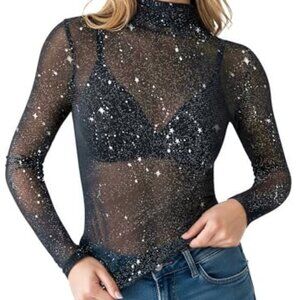MANGOPOP | NWT Black Mesh Long Sleeve Silver Star Constellation Shirt Medium